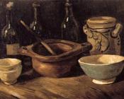 Still Life with Pottery and Three Bottles